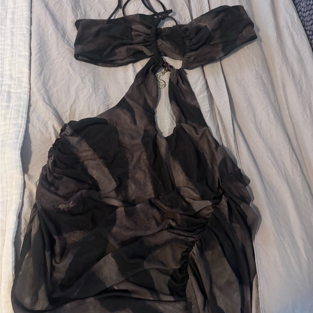 Jaded London Brown Tie-Dye Asymmetrical Cutout Mini Dress - Picture 2 of 4